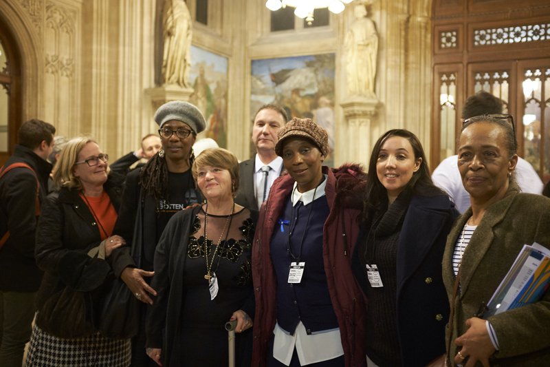 From left to right, Anna Susianta, Marcia Rigg, Tania El-Keria, Mark Saunders, Germaine Phillips, Lisa Cole and Stephanie Lightfoot Bennett at the launch of the campaign for legal aid for inquests in February 2019