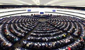 Plenary hall (with deputies) of European Union parliament at Strasbourg