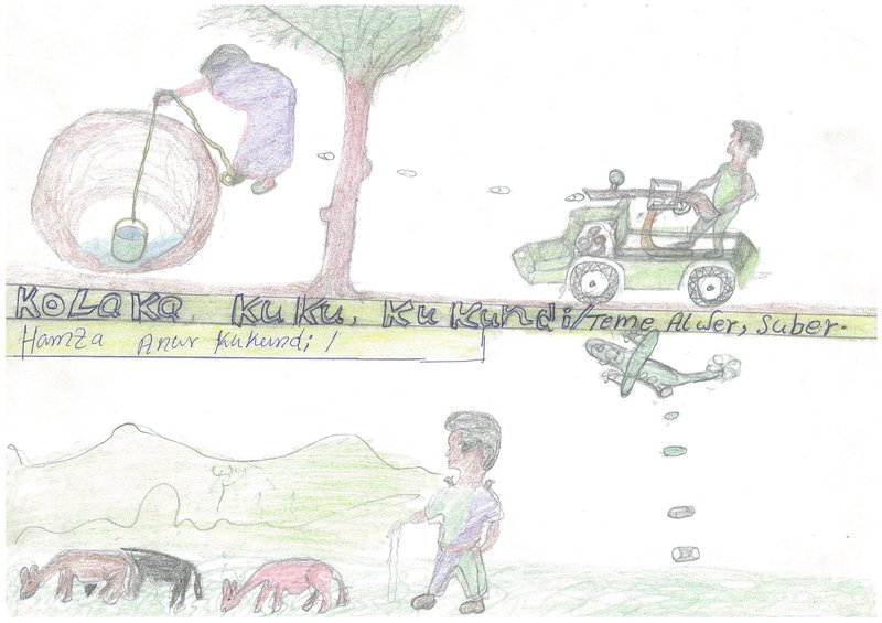Child's drawing showing pickup-mounted gun  firing at a woman drawing water from a well