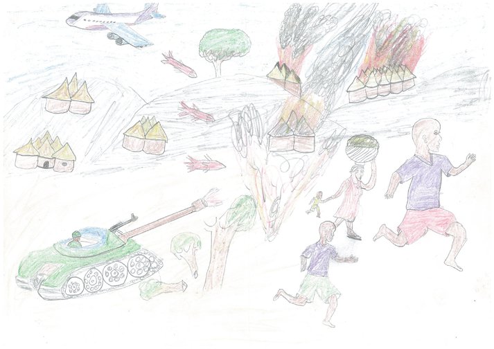 Child's drawing showing tanks and  huts on fire