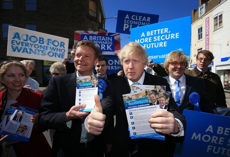 Conservative Party parliamentary candidate for South Thanet Craig Mackinlay (left) with Mayor of London Boris Johnson campaigning in Ramsgate, Kent. 21 April 2015