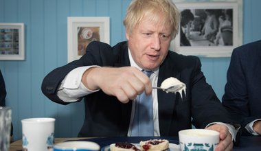 Boris Johnson visits Rodda's Cornish Clotted Cream, near Redruth in Cornwall where he enjoyed a cream tea. November 27,